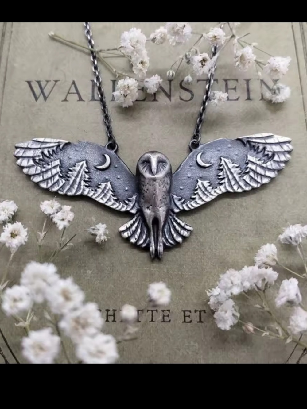 Owl Pendant Antiqued Silver Finish Womens Necklace Wings Embossed w Moon & Stars